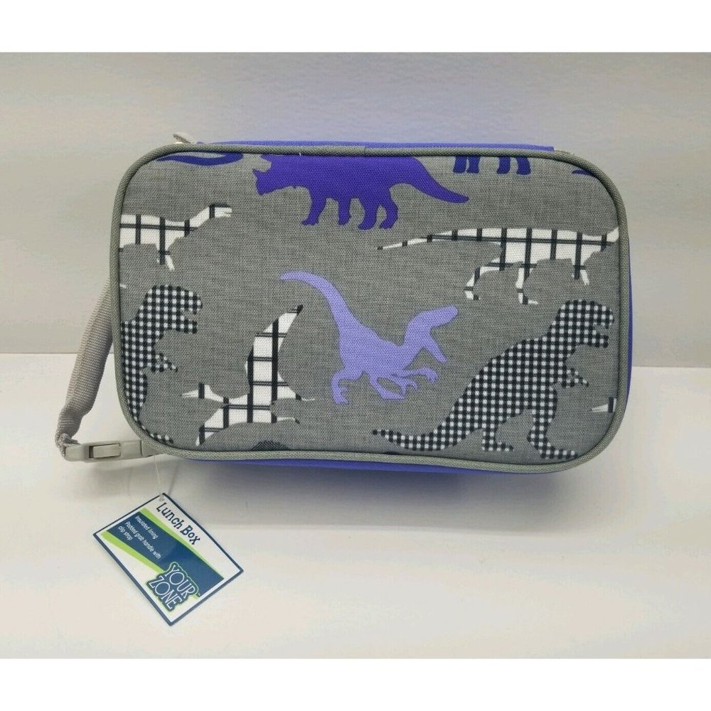 Dinosaur Insulated Lunch Box 10” X 6” X 4” Gray Trim & Padded Grip Purple T rex